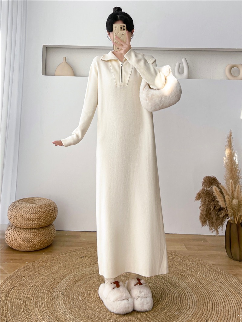 ジップハイネックニットワンピース女性秋と膝丈ボトムセーターワンピース緩いロングスカートの冬の新しいセクション 5,368円