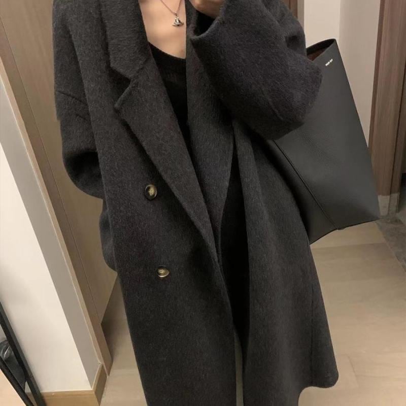 秋冬 コーデ レディース ファッション オシャレ 服 カワイイ シンプル 大人カワイイ 大きいサイズ ダーク グレー コート ハイエンド 韓国スタイル ウール