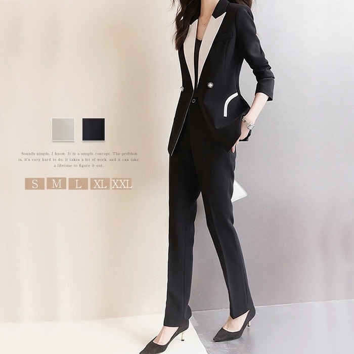 スーツ パンツスーツ レディース ビジネス セットアップ パンツ Vネック 洗える ロング丈パンツ リクルート オールシーズン 春 夏 秋 冬 大きいサイズ 上品 入学式 入園式 卒業式 ジャケット