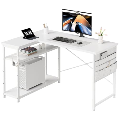 L字型 パソコンデスク 幅120cm ワークデスク 棚板高さ調節可能 ラック付き ホワイト