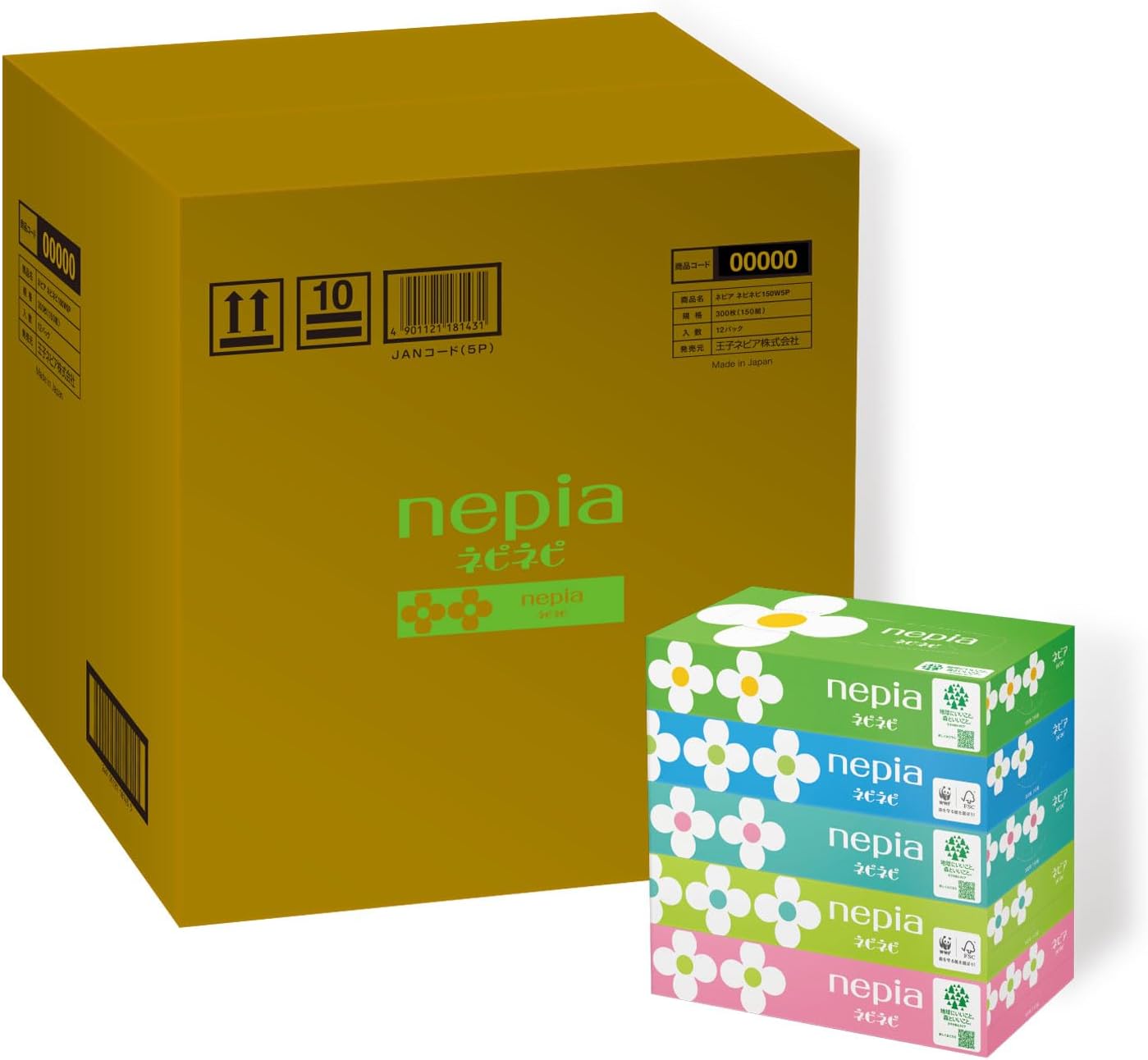 ネピア ネピネピ ティシュ 300枚 150組 ×60箱 5箱×12パック ケース品 FSC ティッシュペーパー