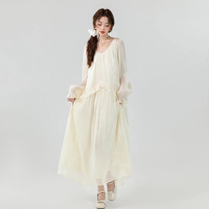 ワンピース 上品 ボヘミアン パッチワーク フリルデザイン リゾートワンピース ゆったりシルエット 着痩せ エレガント デイリー 透け感 軽量素材