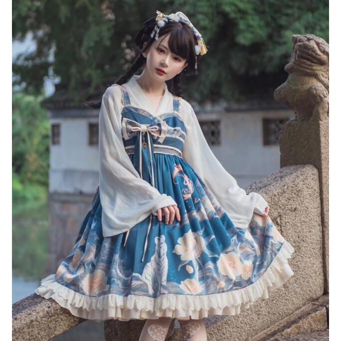 ジャンパースカート ロリータ ワンピース 膝丈 ショート丈 ロリータドレス ゴスロリ ロリィタ服 ハイウエスト JSKスカート 裾フリル リボン 可愛い お姫様 ロリ30%までに制限