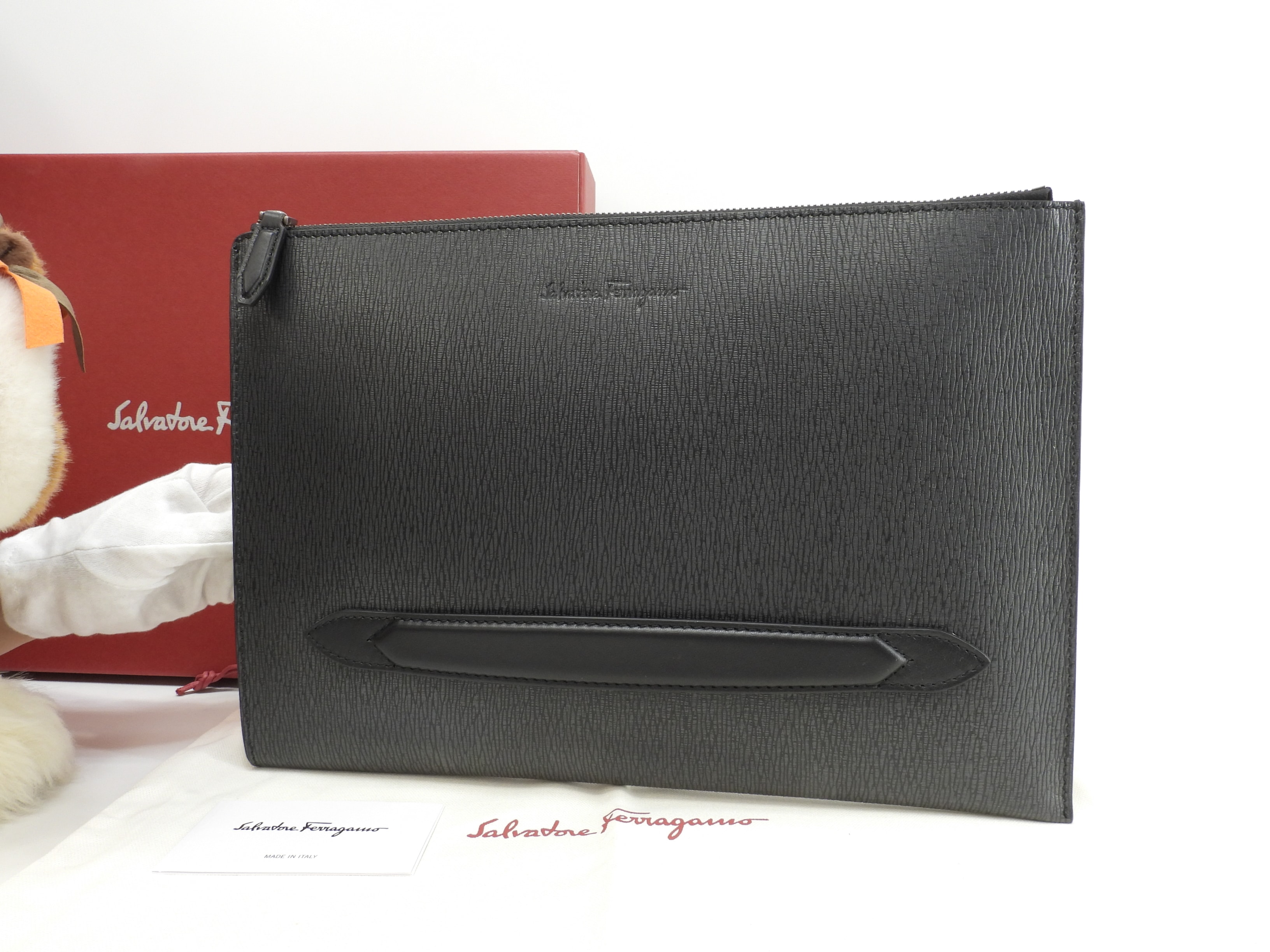 クラッチバッグ 型押レザー灰黒 ドキュメントケース 新品@FZ24-0480 2