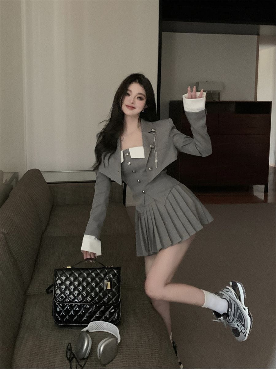 オールインワンセットアップセットアップレディース ベスト ビスチェ 3点セット ビスチェ セットアップJK制服セット プリーツスカート ハイウエスト ブレザー