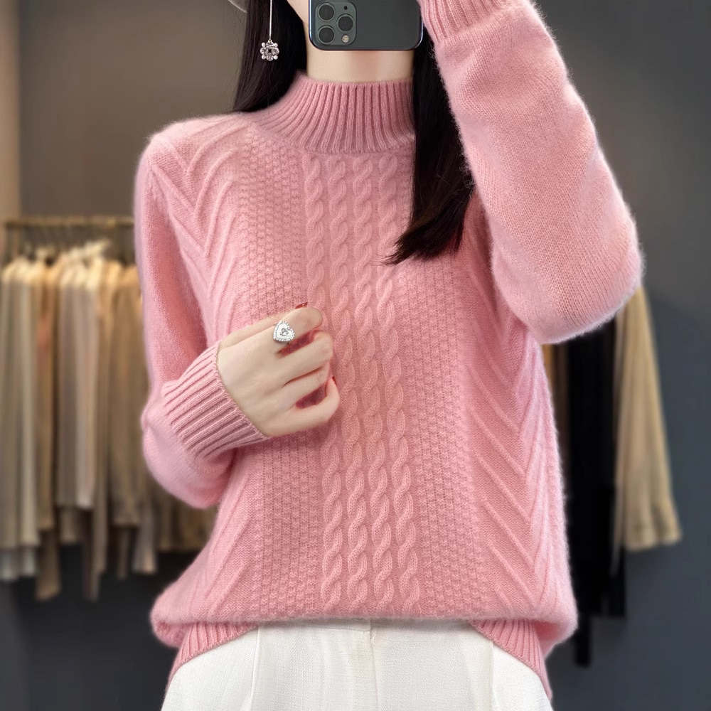 2025年新作レディースセーター秋冬厚手ハーフハイネック無地暖かいツイストニット万能ベースレイヤー