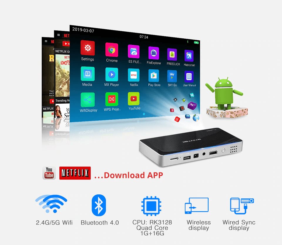 Portable DLP スマートミニプロジェクターBYINTEK UFO P10 1080P 250AnsiLumen 150インチ 4200mAh Battery support 4K input