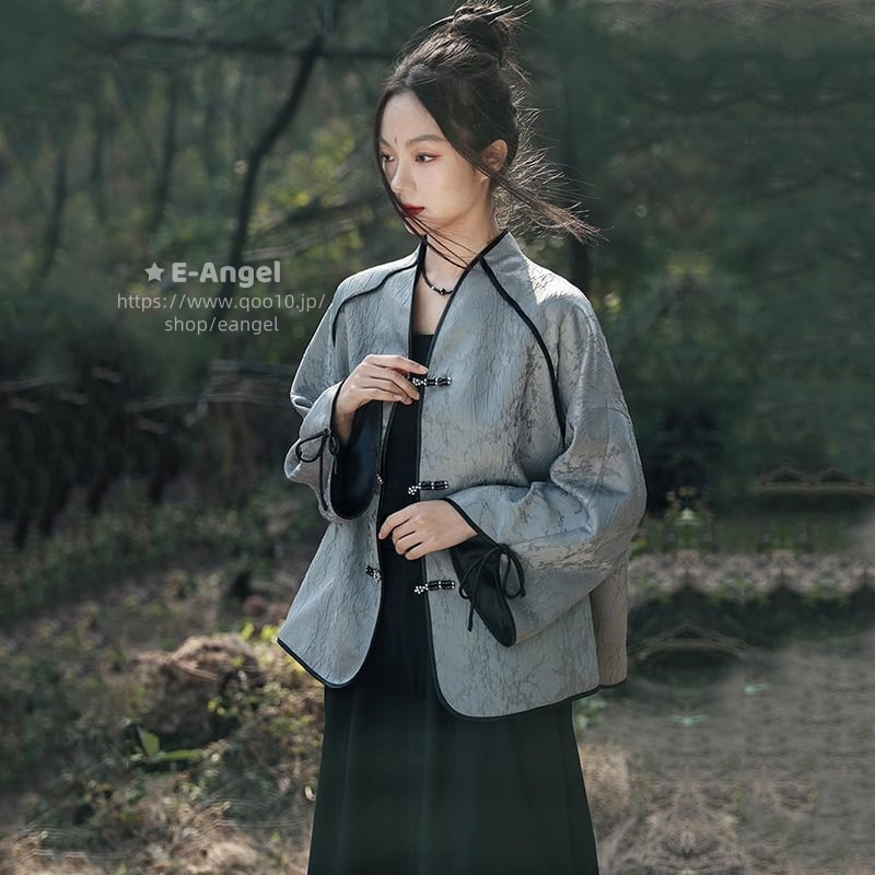 チャイナ風トップス 長袖 アウター ジャガード シルバーグレー 春夏 改良唐装 チャイナボタン 個性的ファッション 合わせやすい 気質アップ