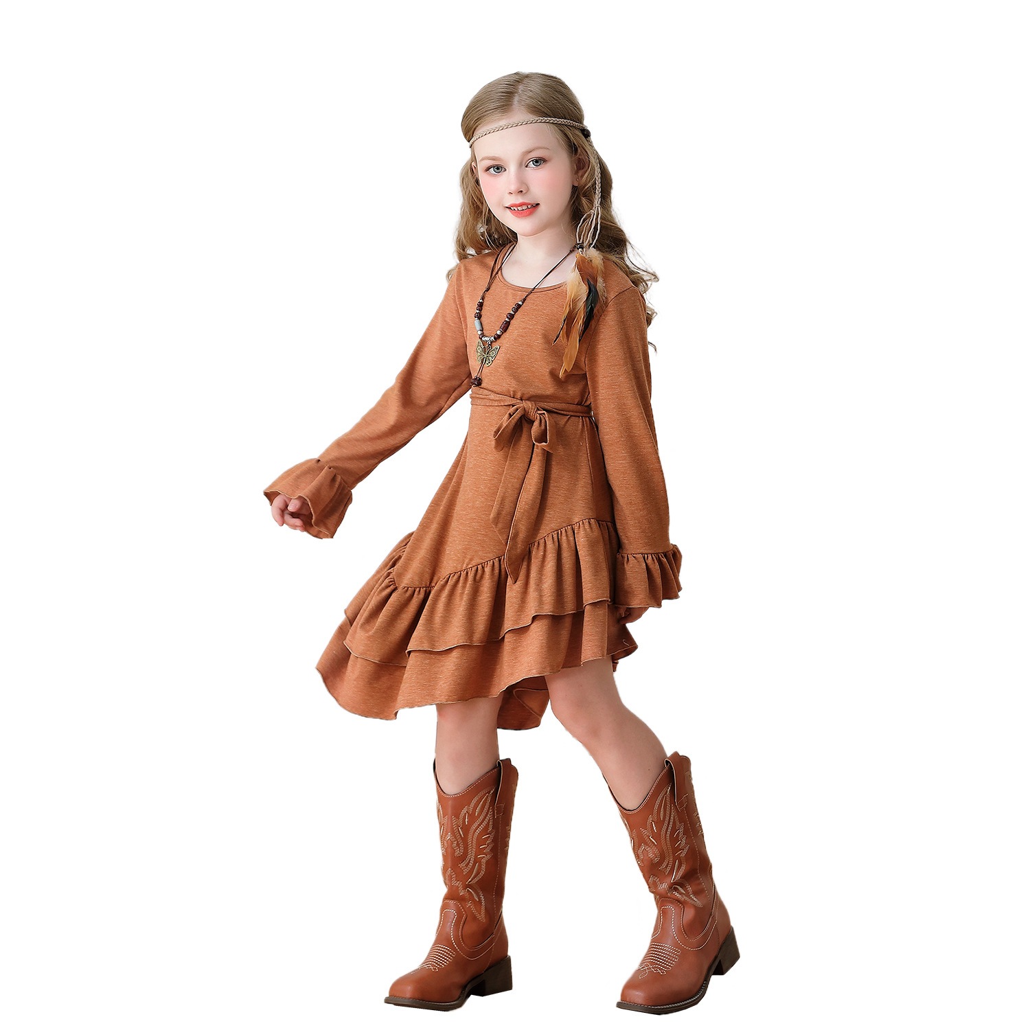 ボヘミアンガールズロングスリーブドレス フリル 子供服 カーニバル パフォーマンス コスチューム パーティー ヒッピー カウボーイスタイル