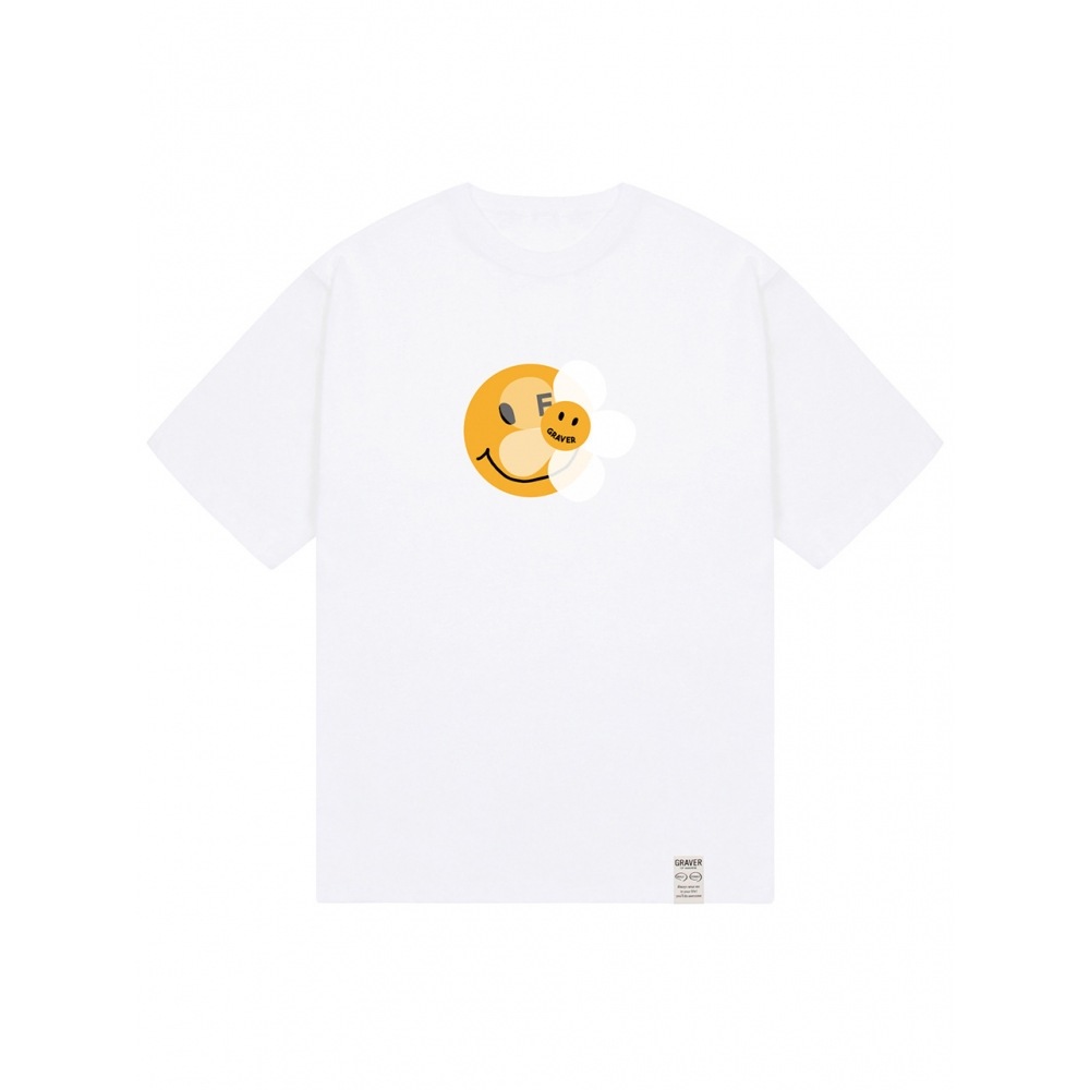 GRAVER ドットスマイルフラワーミックス半袖Tシャツホワイト
