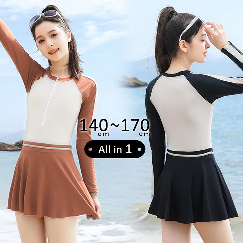 【2点購入で150OFF】品質良い!店舗お勧め! キッズ水着 女子 ワンピース スクール水着 長袖 子ども 水陸両用 オールインワン 体型カバー水遊び スイミング 学校 授業 プール 黒