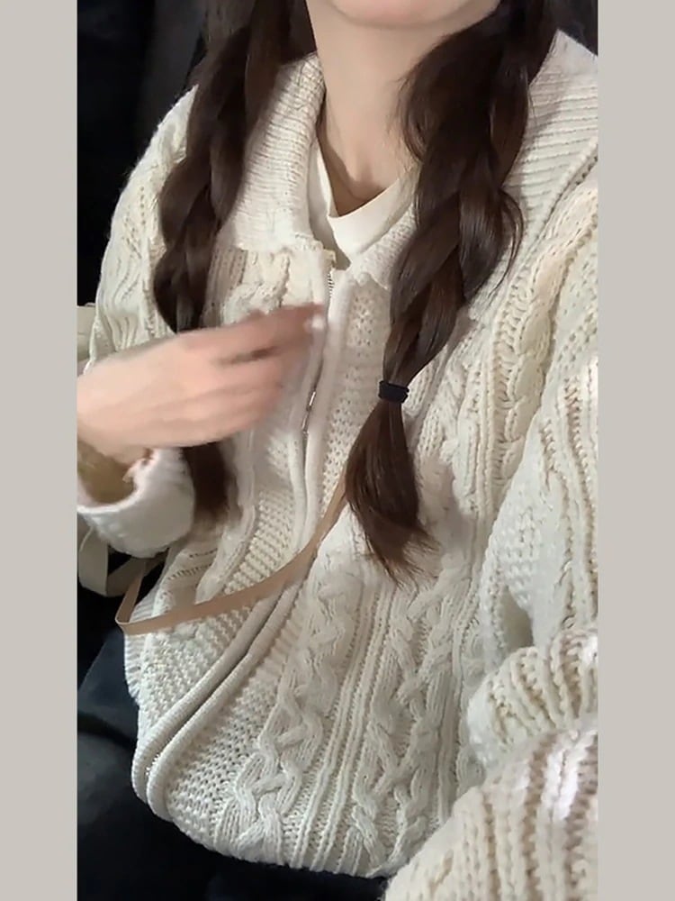 レトロツイストジップジャンパージャケット女性2023しい本の緩いニットカーディガントップス