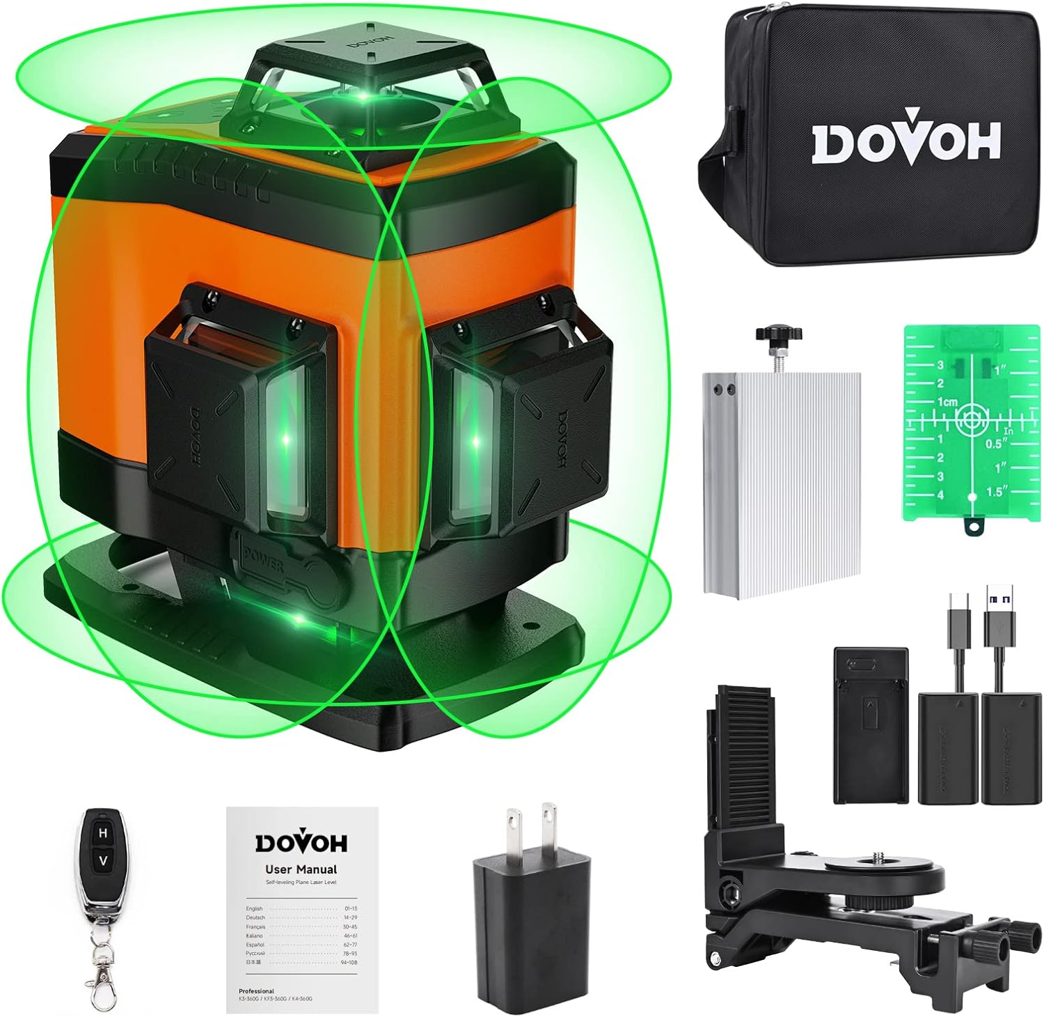 DOVOH グリーンレーザー墨出し器 4x360 16ライン レーザー墨出し器 レベル 自動補正 高輝度 2本垂直ラインと2本水平 バッテリー2個付きType-C充電可能 受光器対応 K4-360G