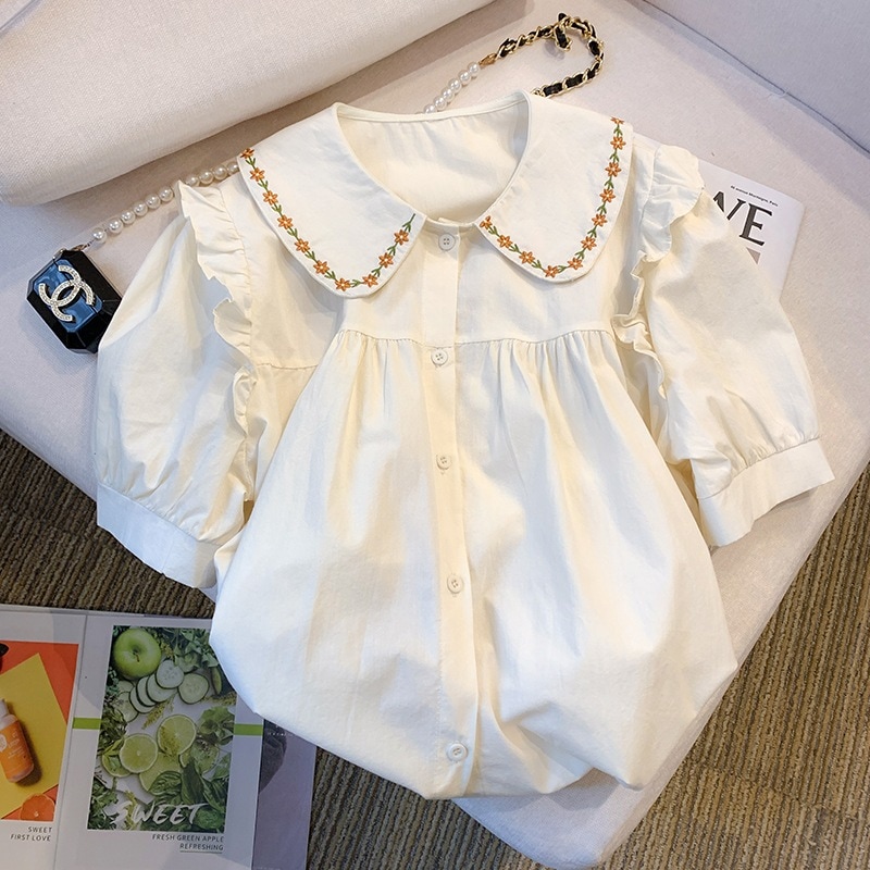 レディース トップス シャツ ミドル丈 半袖 パフスリーブ クルーネック 襟付き 丸襟 ワイド 刺繍 前開き ボタン 薄手 かわいい きれいめ おしゃれ こなれ感 個性的 主役級 存在感 抜け感