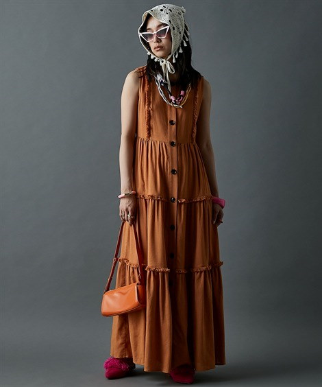 レーヨン麻ロングワンピース 半袖ロング・マキシ丈ワンピ [2カラー