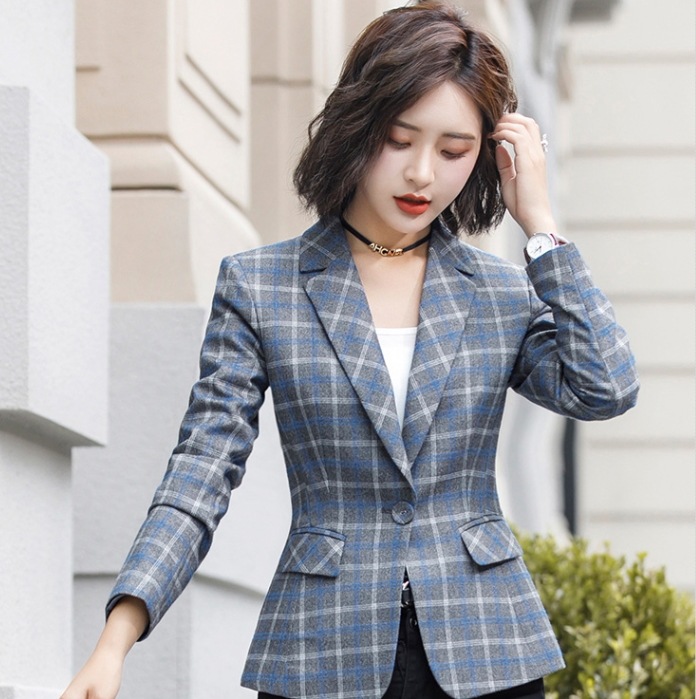 チェック柄スーツジャケット ショートジャケット カジュアルスーツジャケット オフィスカジュアル ジャケット 上着 ショート ショート丈 袖あり 長袖 Vネック 襟付き スリム タイト 細身 ストレート 6,399円