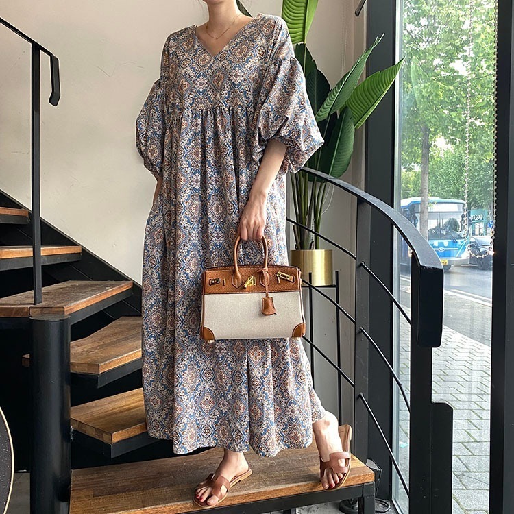 ランタンスリーブ ボヘミアン ワンピース ワンピドレス ロング ロング丈 5分袖 五分袖 ボリューム袖 ドロップショルダー Vネック Aライン 切り替えデザイン ギャザー かわいい 大人可愛い