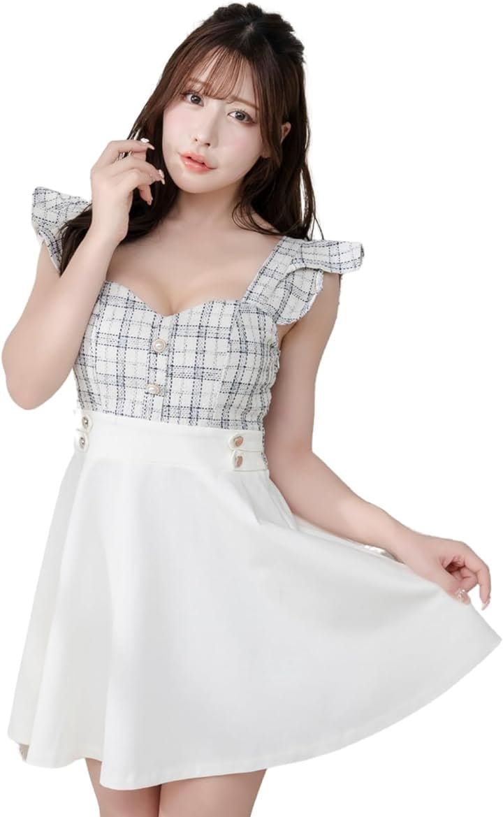 キャバドレス ミニ ワンピース ツイード フレア スカート かわいい フリル タイト オフショルダー パーティ 半袖 パット付き フェミニン ロリータ風( ホワイト, L)
