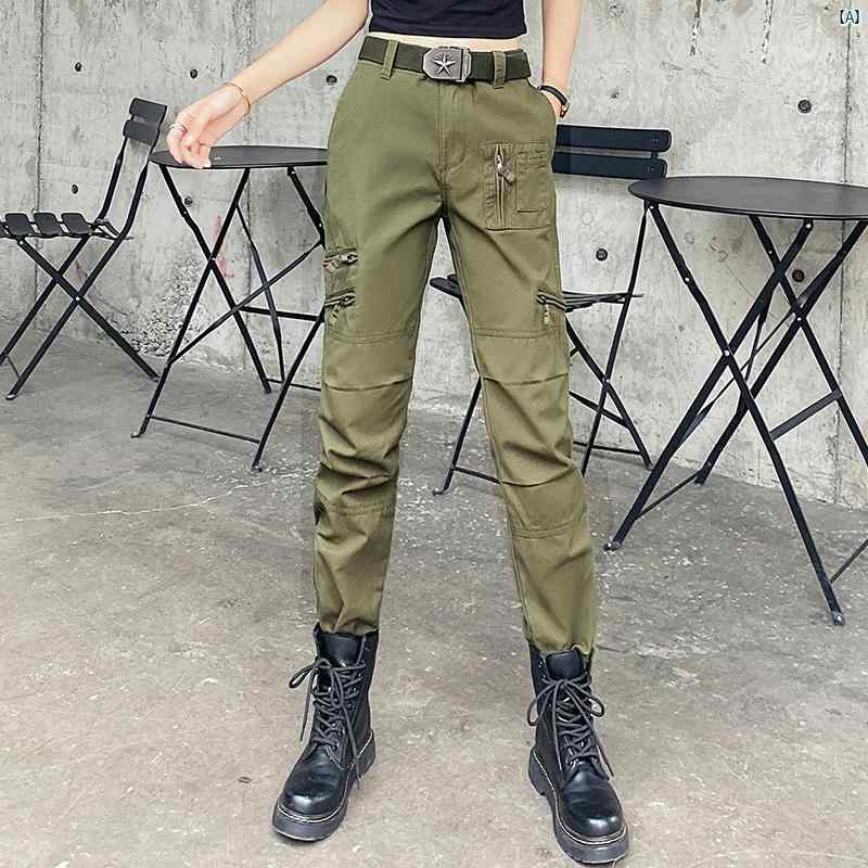 春秋 レディース 作業着 迷彩 パンツ スリム ストレート カジュアル ハイウエスト ミリタリーグリーン