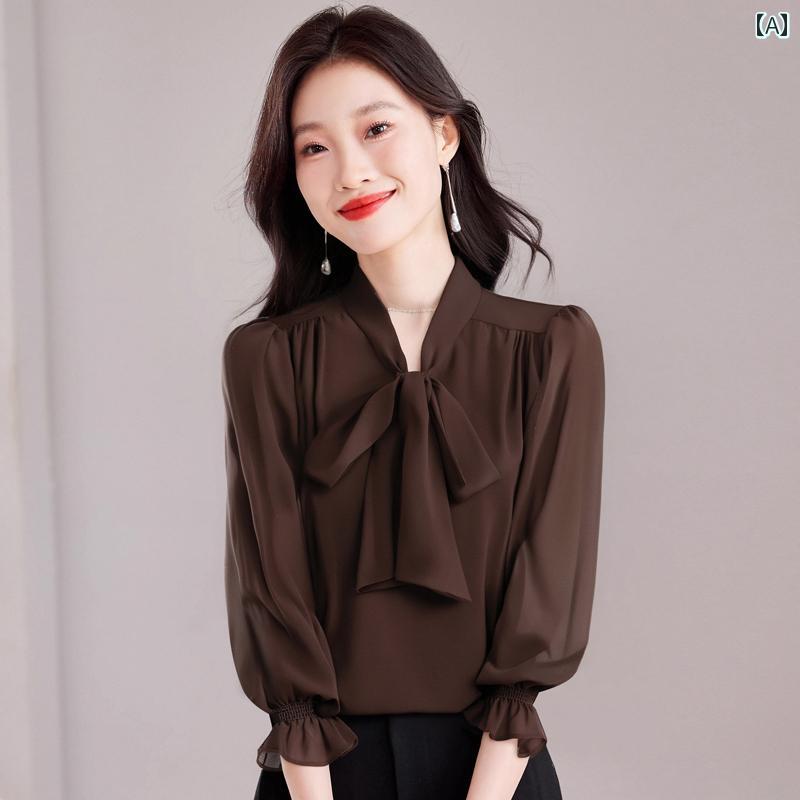 リボン サテン シャツ レディース ファッション 春秋 フレンチ 高級感 長袖 トップス ブラウス シンプル 無地 カジュアル エレガント クラシック 蝶結び 透け感