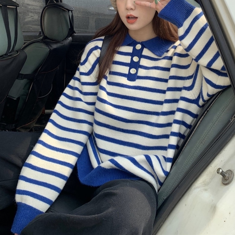ニット トップス ボーダーニットポロシャツ レディース ポロニット ボーダー柄 シャツ セーター カットソー 襟付き 長袖 ビッグシルエット 青 紺 ブルー ネイビー オシャレ シンプル きちんと感