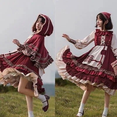 ロリータ赤ずきんオールインワンロリータ ロリータ ロリータ マントファッション フェスティブ ドレス 可愛い赤ずきん ワンピースセットビッグコードコスプレ ハロウィン