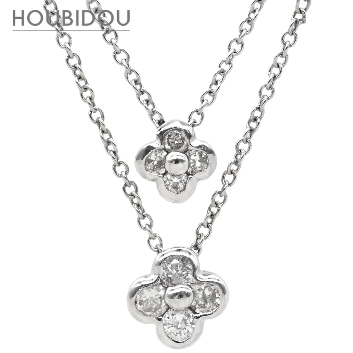 ネックレス レイヤード ダイヤモンド ホワイトゴールド Au750 18K 18金 2連 2重 フラワー 花モチーフ 【中古】