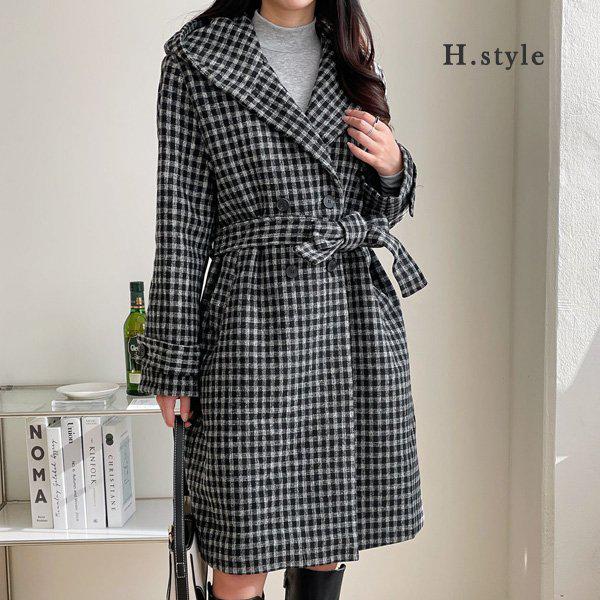 (OT) ウールチェックフードダブルコート