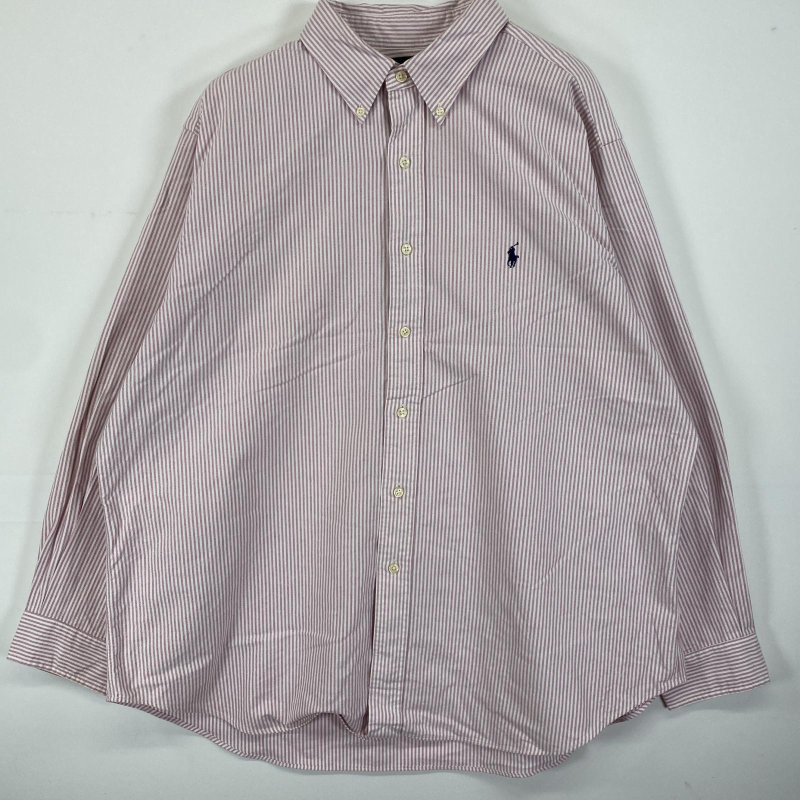 古着 長袖シャツ ボタンダウン ロゴ刺繍 ワンポイントロゴ 17 2/1 ピンク系 ストライプ メンズ
