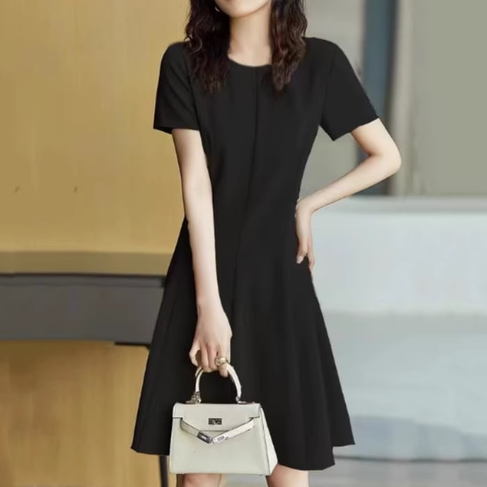 レディース スカート ワンピース ドレス ミニスカート 膝丈 半袖 ラウンドネック 襟なし Aライン ファスナー ハイウエスト かわいい 大人可愛い きれいめ シンプル カジュアル 上品 おしゃれ