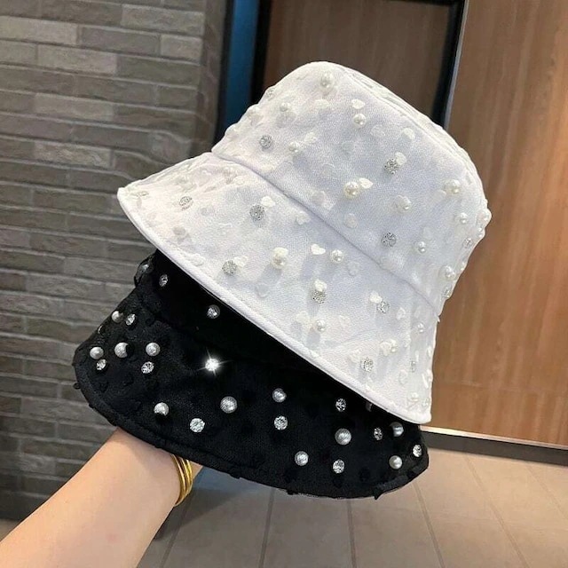 きれいめ 大人可愛い 上品 帽子 レディース バケハ 使いやすい 全2色 お洒落 かわいい パールビジューバケットハット おしゃれ キラキラハット カジュアル 大人 紫外線対策 日焼け防止 シンプル