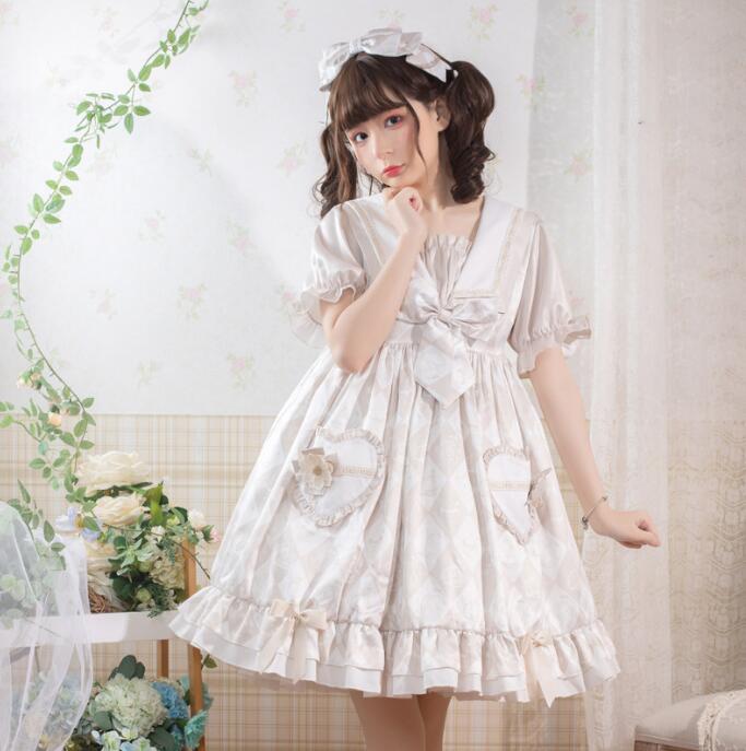 ロリータワンピース 半袖 スカラップドレス 可愛い ロリータ服 膝丈 重ね重ねドレス 萌え萌え lolita ドレス 学園祭 文化祭 コスチューム コスプレ衣装 リボン付き S-XL