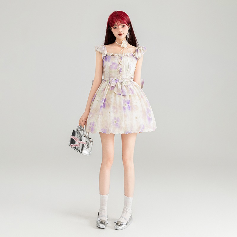 【高品質です】フレンチロマンティック花柄ドレスバドスカート24夏優しいリボン飾りふわふわプリンセススカート