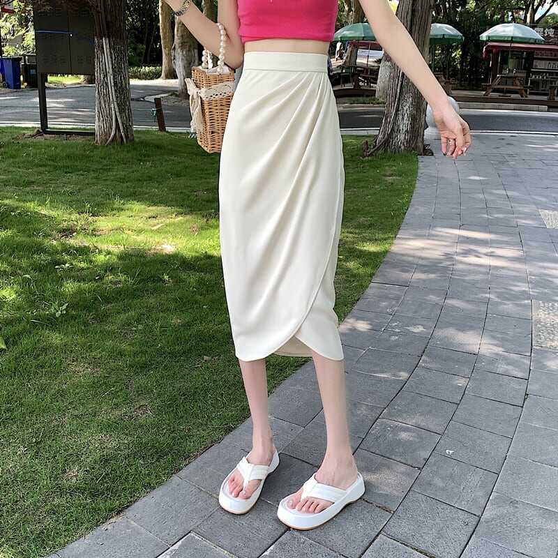 スカート ボトムス ロング ミモレ丈 ミディアム丈 ひざ下 フレア リボン スカート ラップスカート ラウンドカット アシンメトリー ウエストゴム ボリューム モード ハイウエスト ワイド lbot0