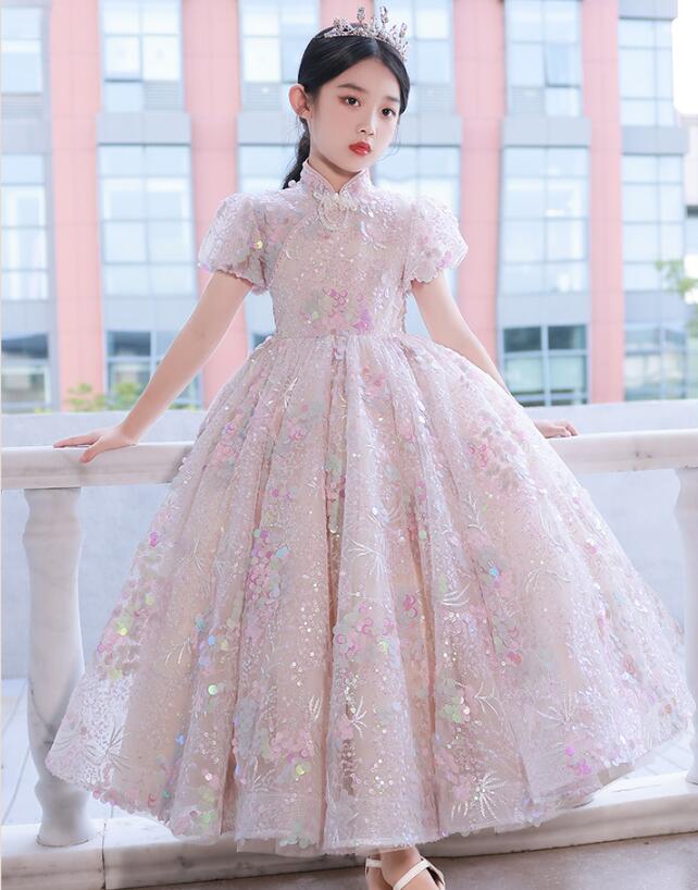 子供ドレス ピアノ発表会 ロングドレス ピンク 豪華 スパンコール キラキラドレス 女児ドレス プリンセスドレス 素敵 キレイめ キッズドレス 演奏会ドレス 子供服 コンクールドレス ピアノ 演出 フ