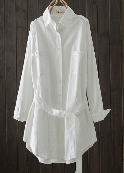 レディース シャツ ロング 長袖 襟付き ストレート ウエストマーク ウエストリボン ポケット 綿 シンプル 上品 おしゃれ かっこいい ラフ メンズライク ルーズ クール エレガント 清潔感 爽やか