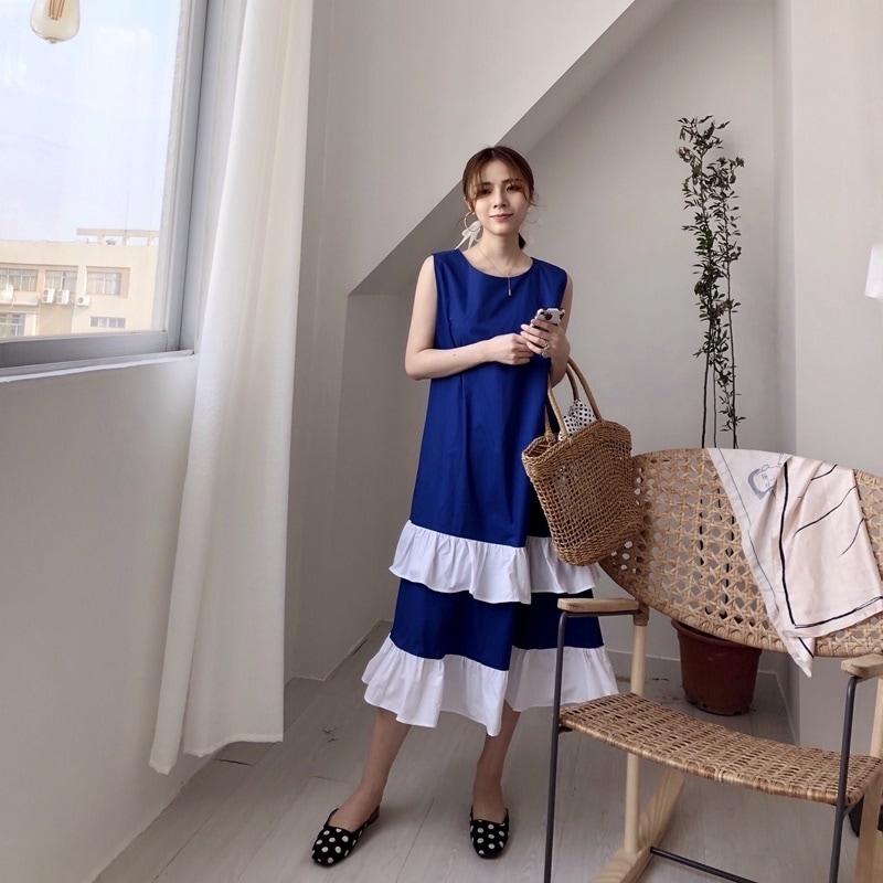 1600.ノースリーブフリルワンピース（ブルー）2019 春夏 sale 通学 ショッピング 女子会 お出かけ ランチ カフェ 普段使い