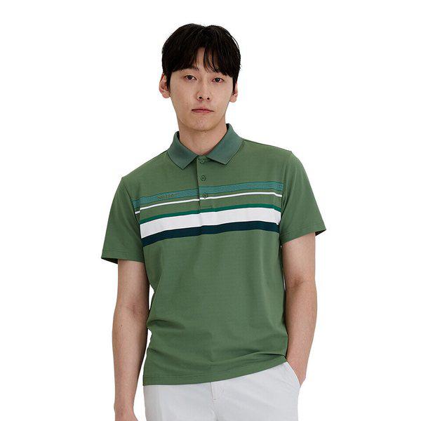 男性用アウトドア夏用カラーTシャツ アルデングカンストライプ半袖Tシャツ グリーンティー_CC
