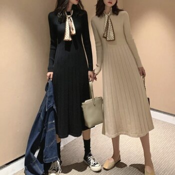 2色 ワンピース 長袖 春 秋 きれいめ プリーツスカート 膝下 7分丈 襟なし スリム 細身 プリーツ リボン 黒 ブラック オフホワイト アプリコット S M L XL 2XL かわいい 大人