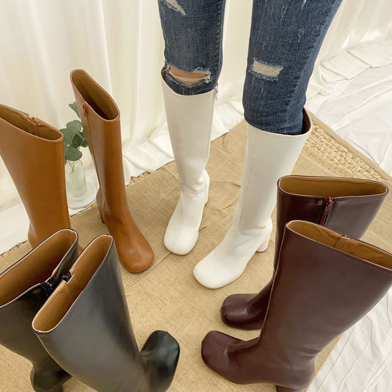 4color シンプル, ベーシックなデザイン ファスナー付きで履き脱ぎ楽ちん 可愛い ラウンドトゥ 7.5cm．ラウンドヒール デイリー ロングブーツ