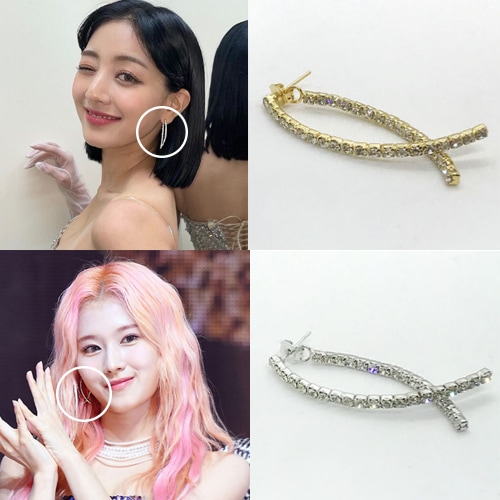 TWICEジヒョサナ着用]Curve Twin line Cubic Earring 韓国人気