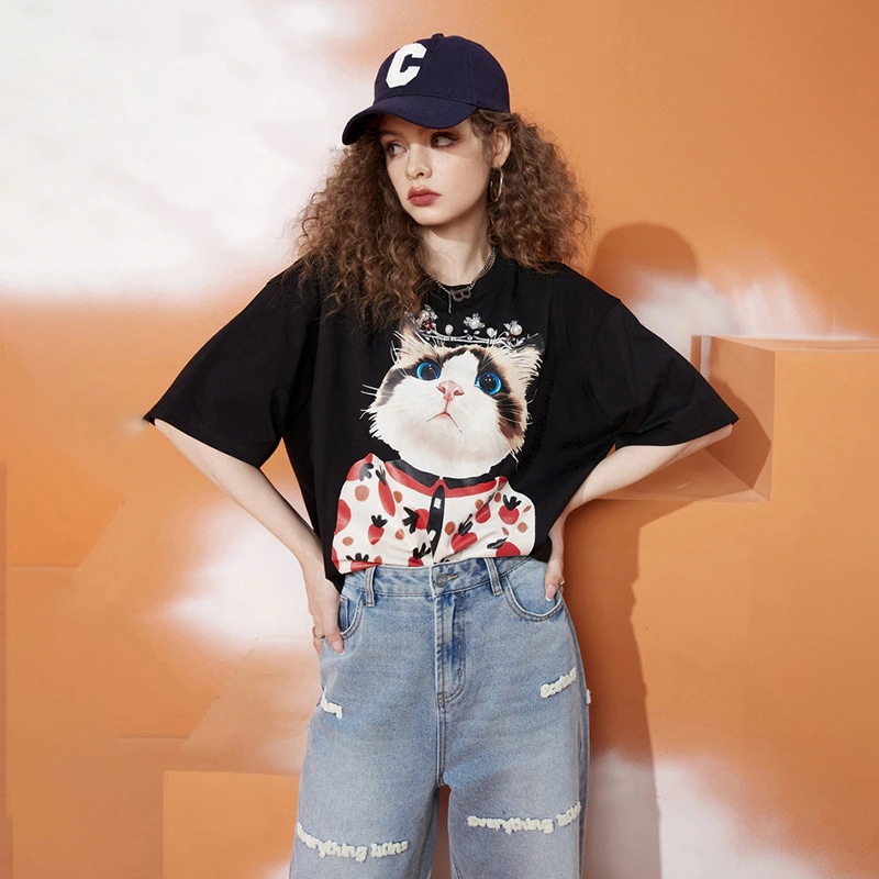 夏半袖ワイシャツ新款スウィートで可愛いせラウンドネック トップス猫プリント甜美Tシャツ