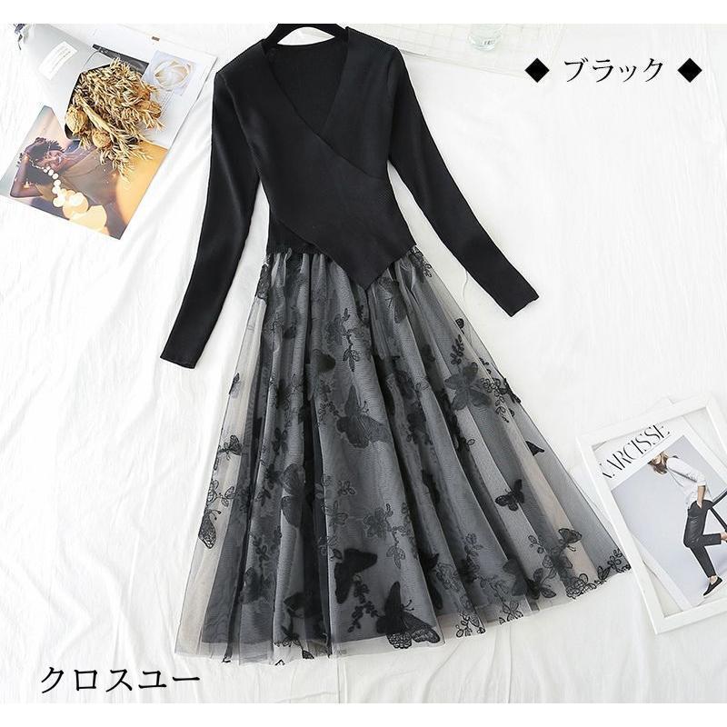 ワンピース チュールスカート オーガンジー フェミニン フェアリー 蝶 かわいい 秋冬 ピンク ブラック ベージュ ナチュラル おしゃれ エレガント 休日 可愛い イ