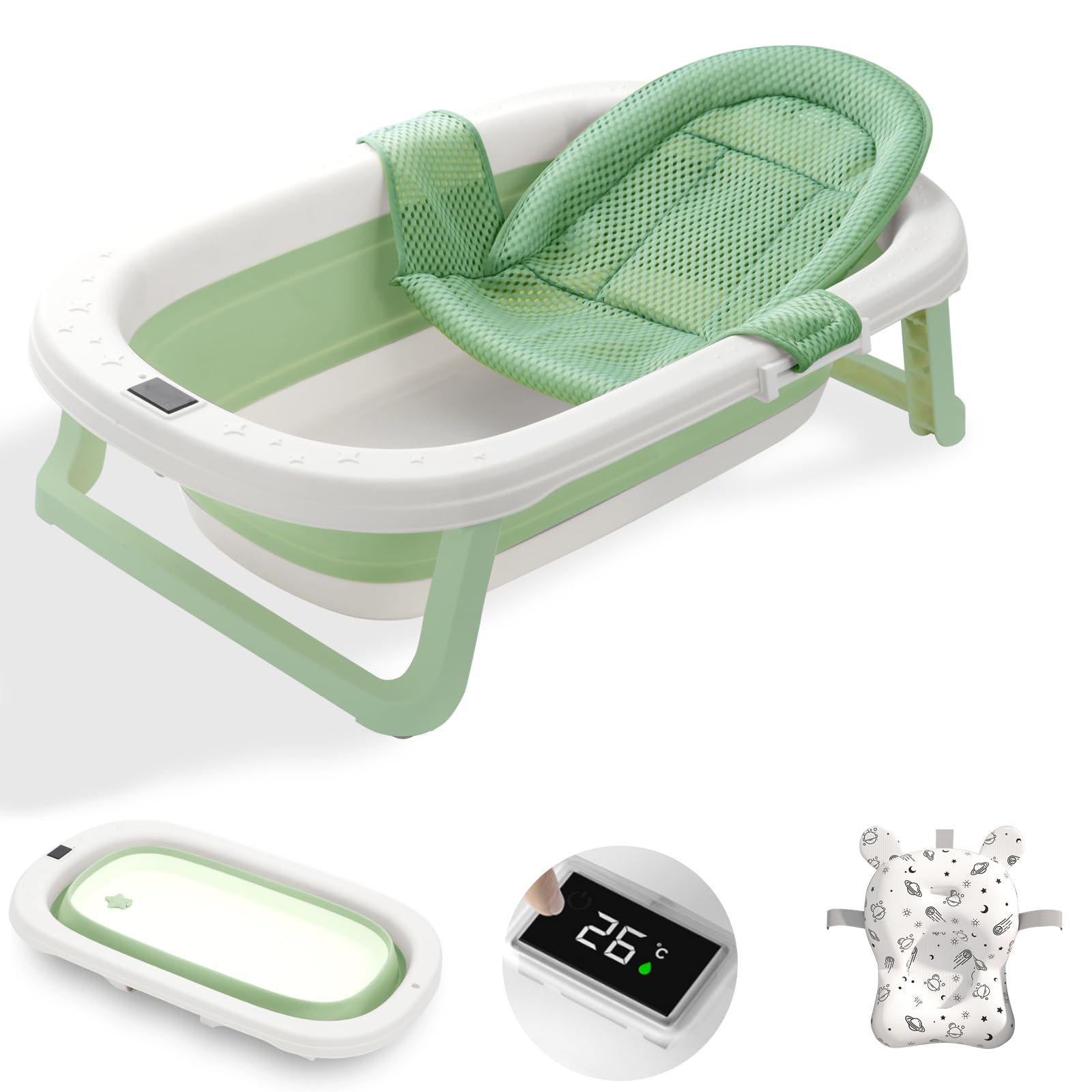 ベビーバス 折り畳み お風呂 ベビー 赤ちゃん 沐浴 湯温計 バスネット バスクッション付き 浴槽 収納しやすい バスタフ 出産祝い ギフト (グリーン)