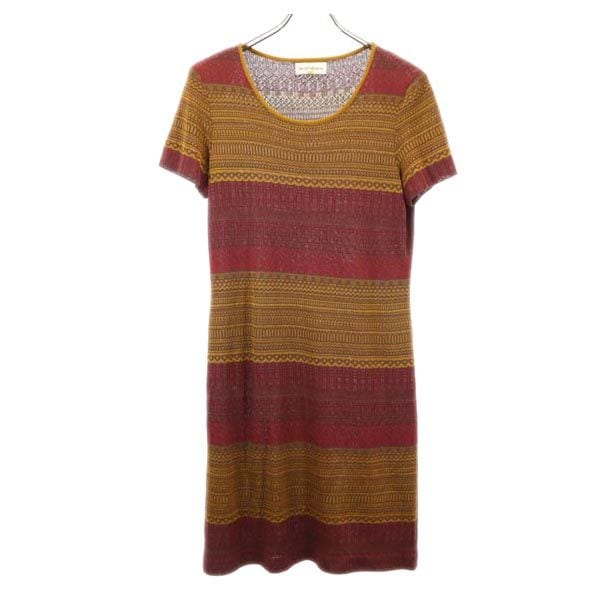 総柄 半袖 ニット ワンピース L レッド×ブラウン レディース