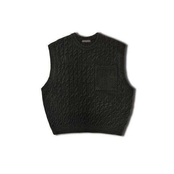 メンズケーブルポケットラウンドニットベスト OF-VEA-Q011-ブラック