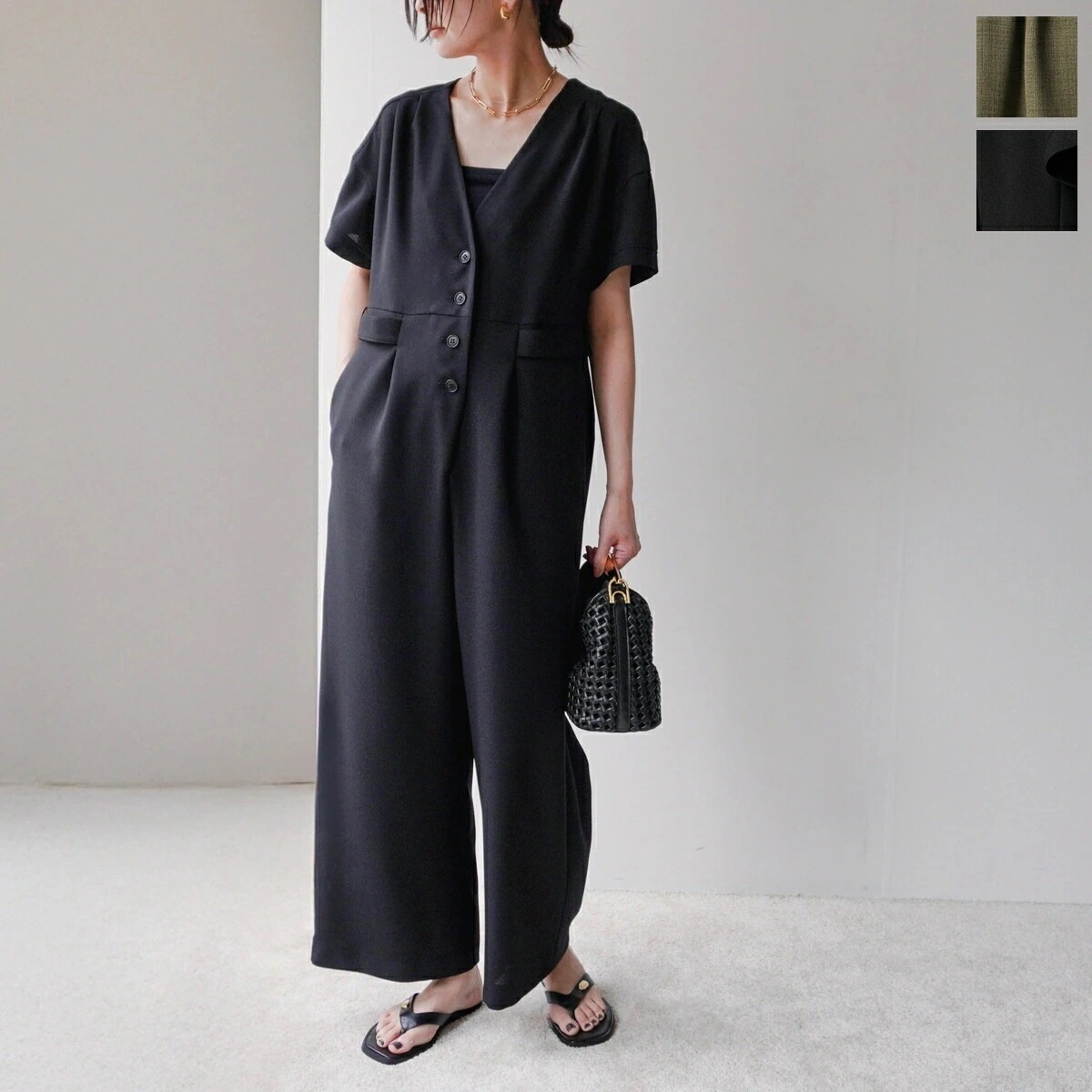 trois トロワ オールインワン T251-87051 レディース Vネック コンビネゾン ワイドパンツ 半袖 カラー2色