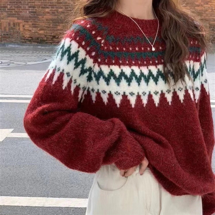 韓国ファッションレディース ニットセーター 秋冬ゆったりニット 丸ネック暖かいカジュアルセーター