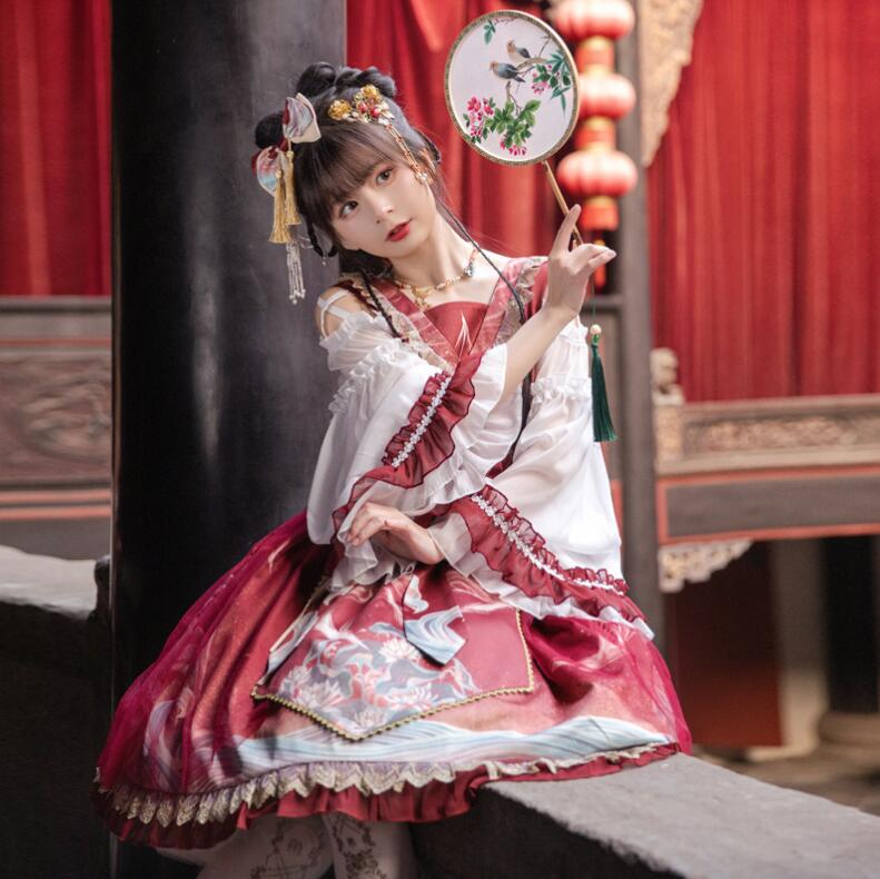 中華ロリータワンピース 可愛いロリータ服 長袖ワンピース プリンセスドレス 可愛いワンピース プリント柄 振袖 チャイナドレス パーティードレス Lolita 大人コスチューム ゴスロリ ハロウィン
