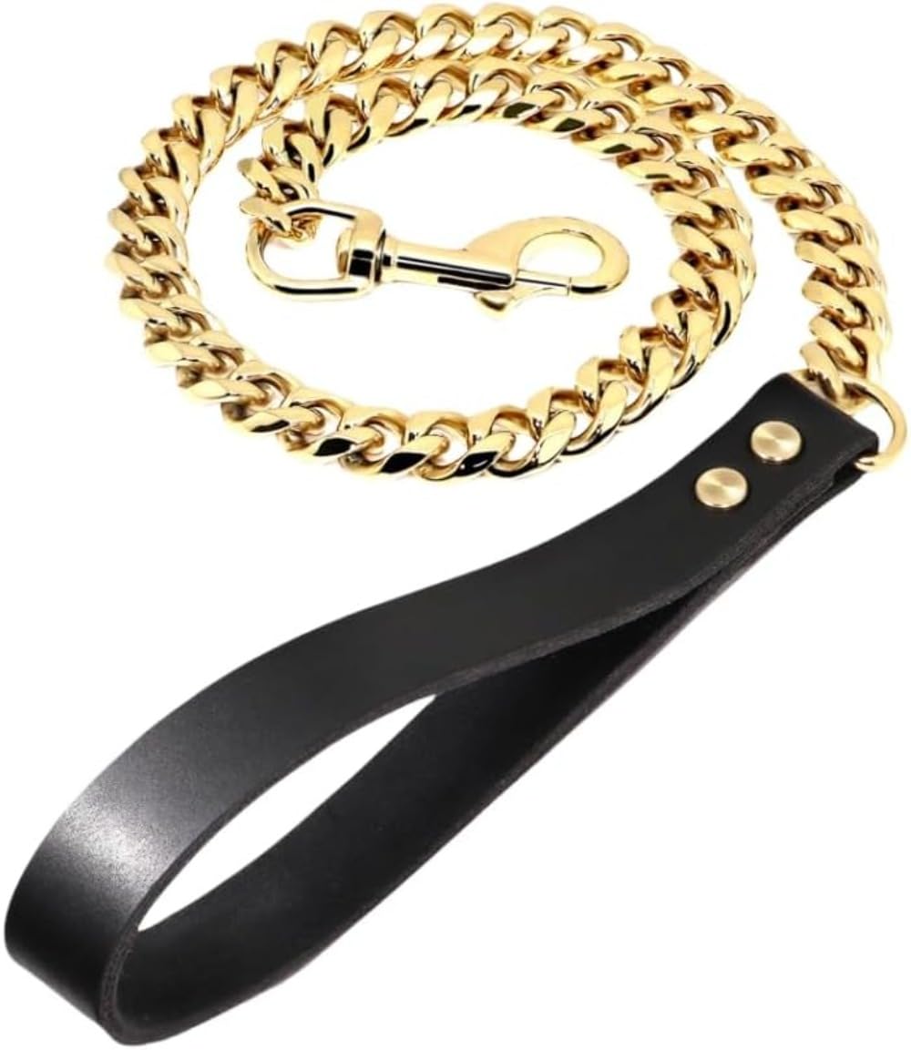 ゴールド犬用リード大型犬用ゴールド首輪レザーハンドル付きステンレススチール金属製頑丈犬用 (60cm ゴールデン)